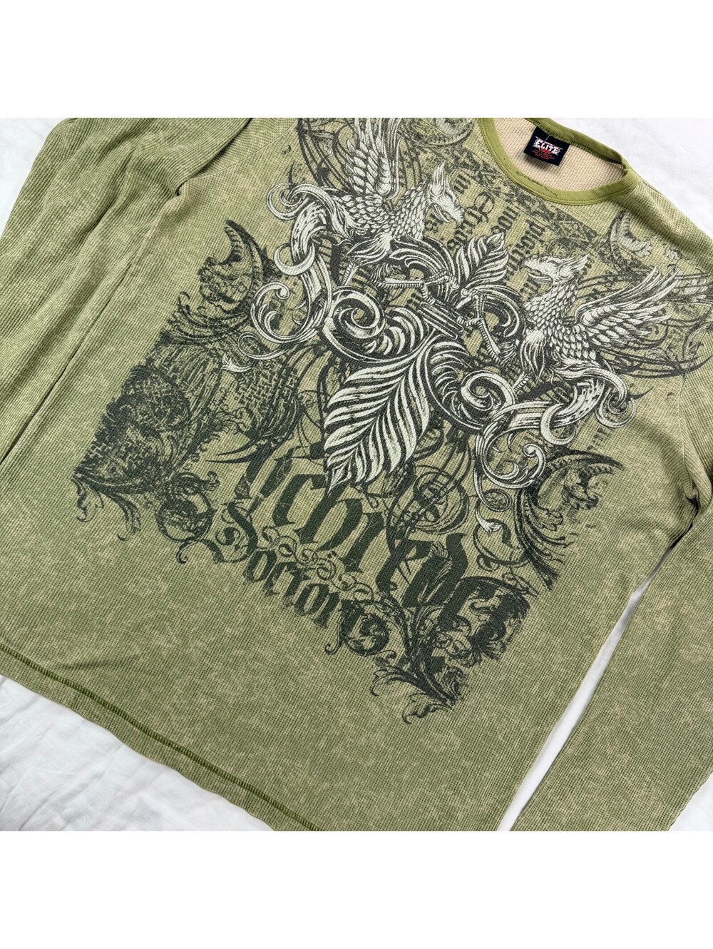 Vintage Y2K MMA Elite Honor Respect Thermal Shirt Mens 2XL Green Waffle Goth